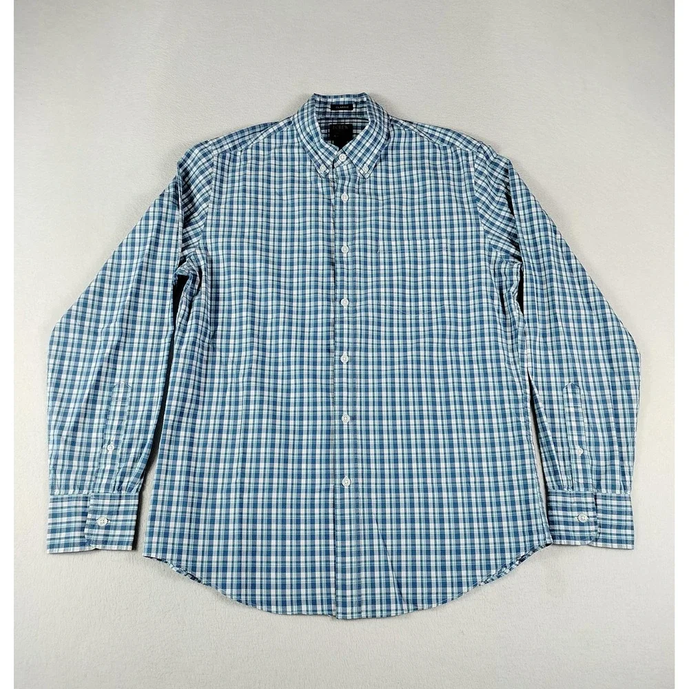 J. Crew Shirt Mens Medium Blue Plaid Classic Flex Washed Long Sleeve Button Down